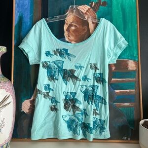 American Apparel Aqua Fish Print Short Sleeve Tee XL Classic Girl